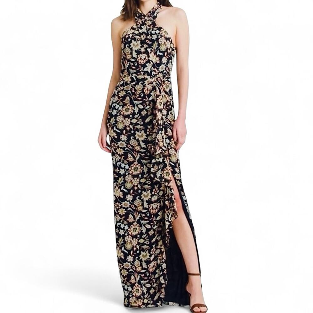 Ralph Lauren LRL Dress 16 Georgette Gown Crisscross Halter Cascading Ruffle Slit